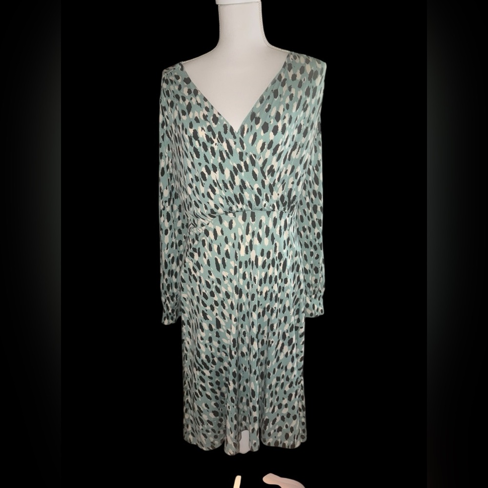 🌿 H&M Aqua & Black Leopard Midi Dress – V-Neck, Long Sleeve, M